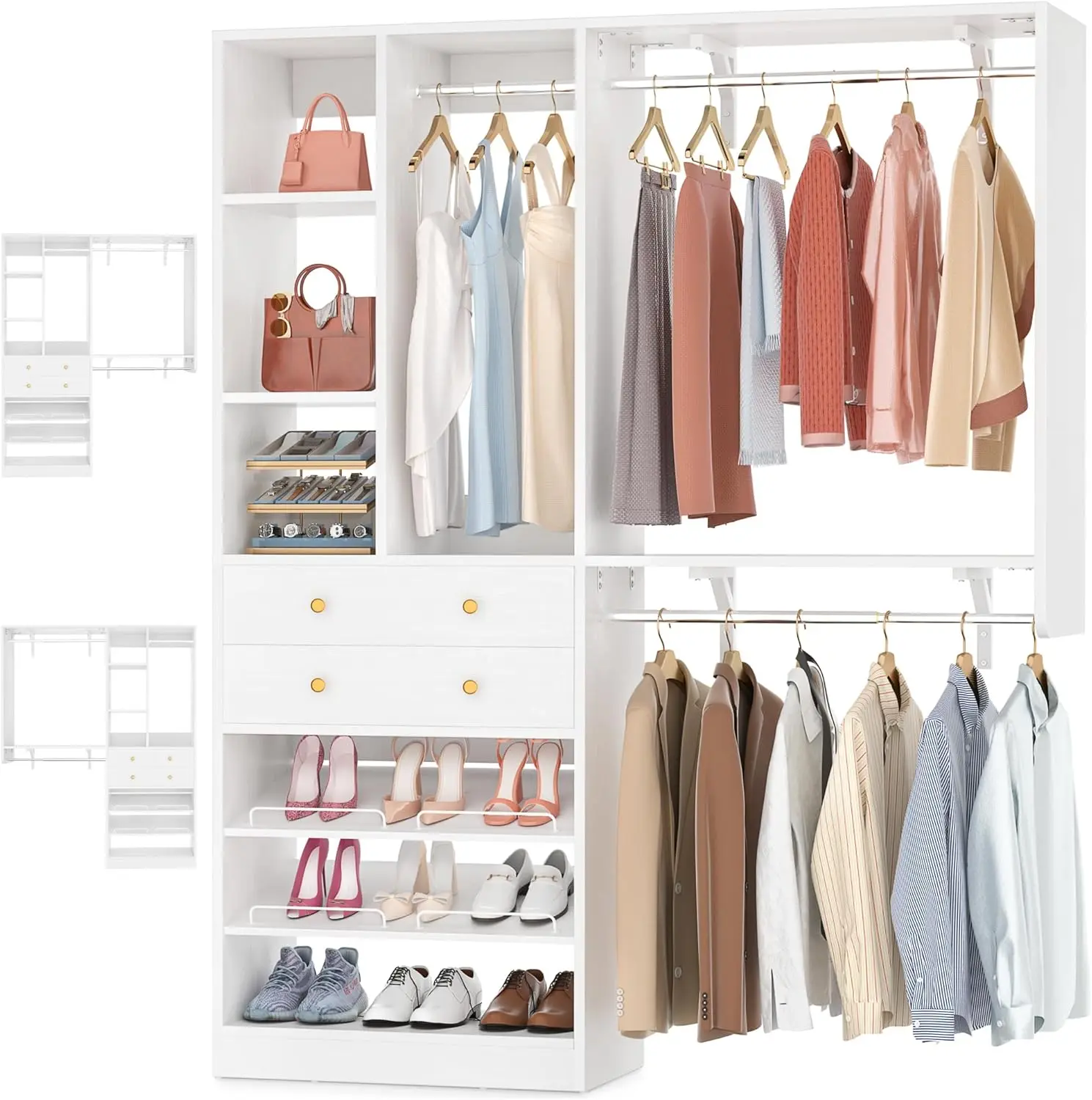 Closet System Com Gavetas, Closet Organizer System, montagem na parede reversível, 2 Hanging Prateleiras, 5ft, 60"