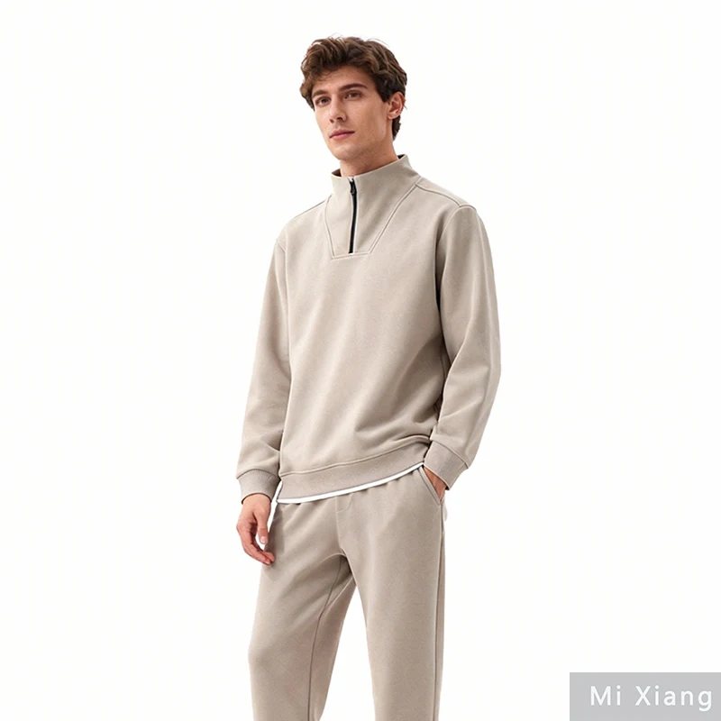 เสื้อฮู้ดดี้ผู้ชายแบบซิปครึ่งตัว คอตั้ง แขนยาว สีพื้น สไตล์ลำลอง สำหรับฤดูใบไม้ร่วง รุ่นใหม่