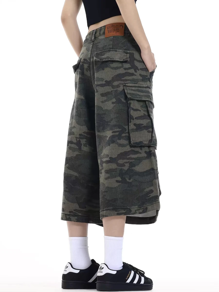 レトロ迷彩ワークウェア オルトス ワイドレッグ ケット デニムジーンズ カジュアル ハイウエスト セブンフット丈 ヴィンテージ風