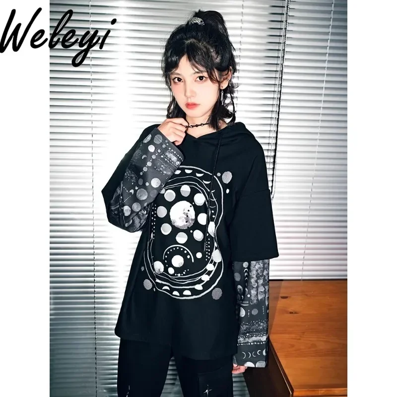 Gothic Clothes Women Autumn New Cool Planet Printed Long Sleeve Fake Two-piece Hooded Sweatshirt Casual Black Top Jacket Female