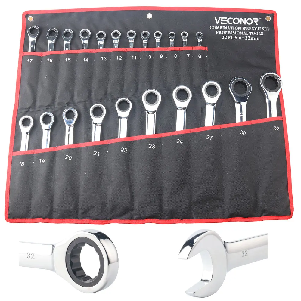 

6-32mm Keys Ratchet Wrench Set of Hand Tools 72 Teeth Ratcheting Spanner Mirror Polish High Torque with Storage Pouch