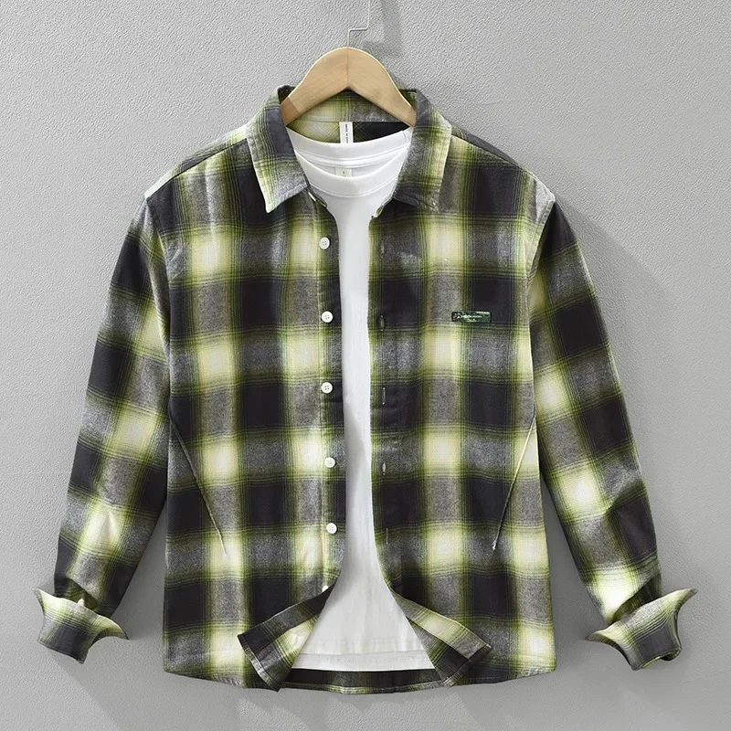 

Japanese Fashion Long Sleeve Plaid Shirt Men Spring New Men Shirt Literary Top 100%Cotton Square Shirt Youth Causal Shirts Daily