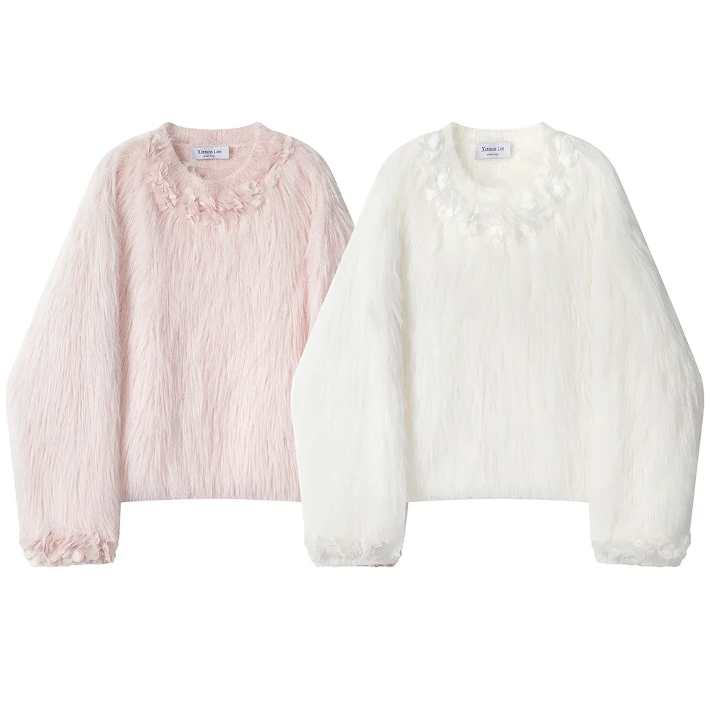 High-end Winter Inner Pink Furry Knitted Sweater Female Elegant Women's Round Neck Long Sleeve Short Pullovers Knit Top Feminino