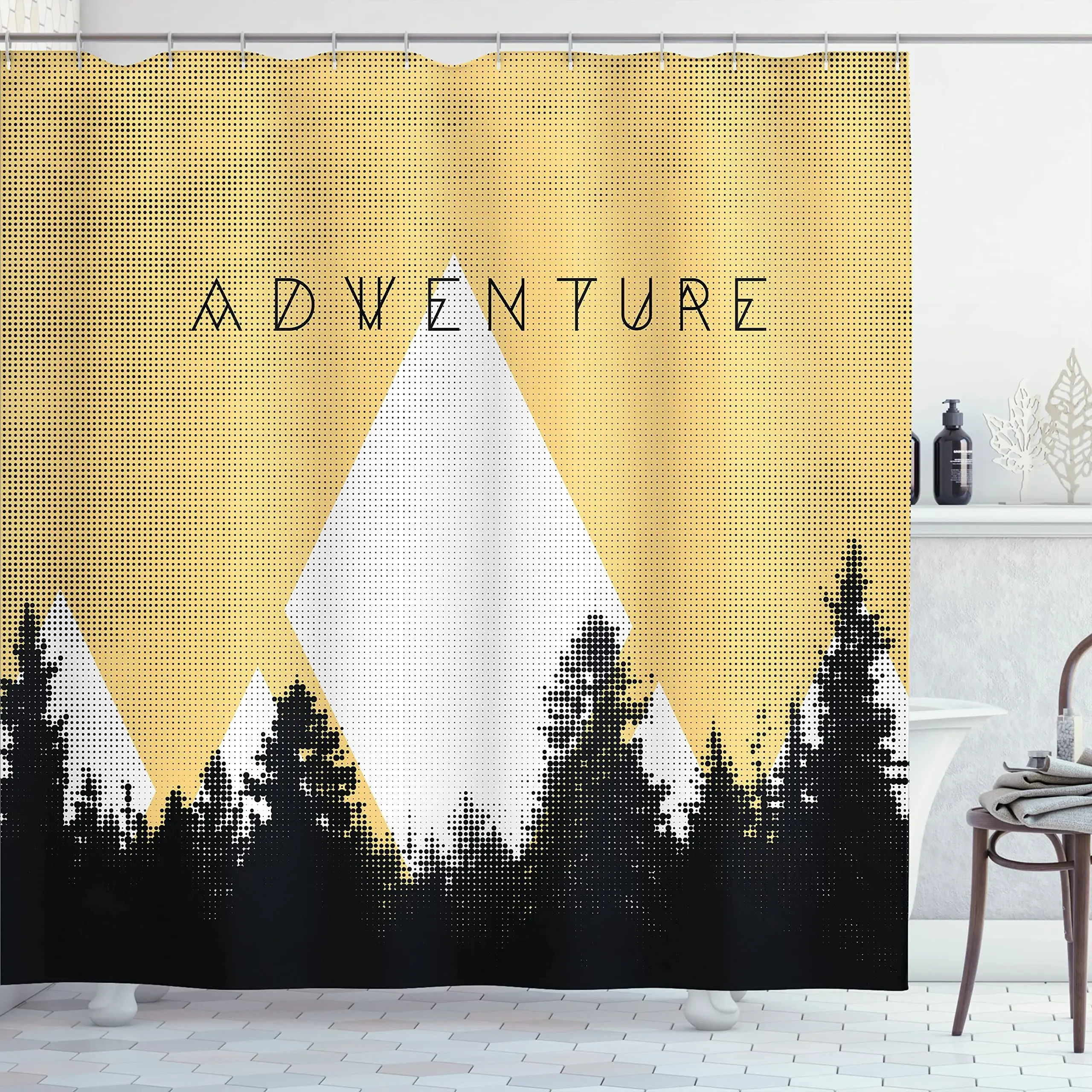 Adventure Shower Curtains,Forest with Halftone Effect Hipster Typography Camping In Mountains,Cloth Fabric Bathroom Curtains Set