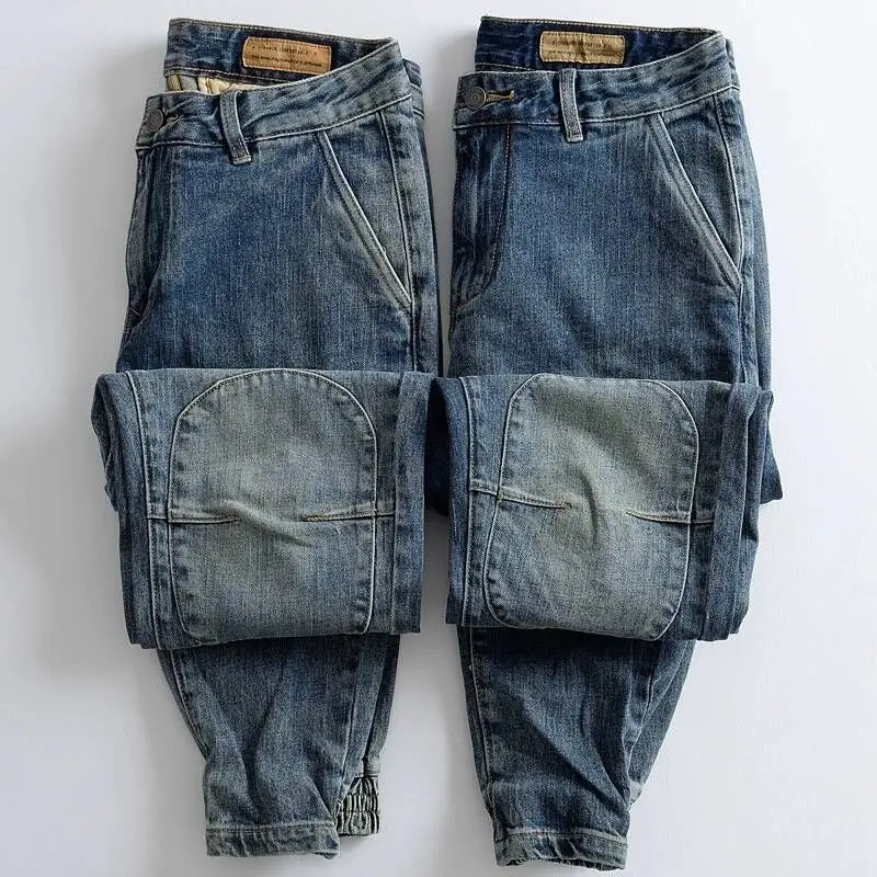 Men\'s Dark Blue Distressed Denim Cargo Pants with Knee Patches Loose Fit Cuffed Ankle Jeans Casual Leggings Drawstring Trousers