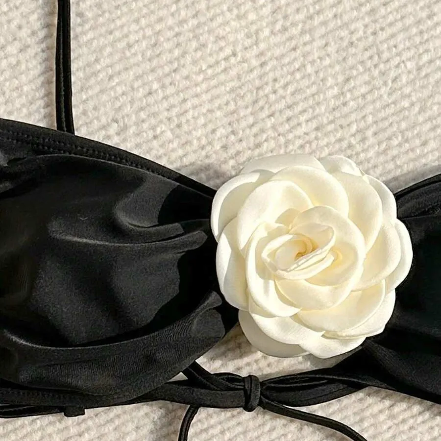 New Bikini Sexy Three-dimensional Flower Tube Top High Split End Solid Color Swimsuit Bikini