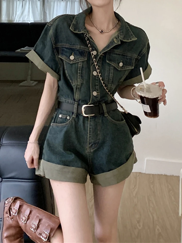 La Chapelle Vintage Denim Jumpsuit Women's Summer New Design Cuffed Wide Leg Shorts Set High Waist Jeans Fabric Cool Feeling