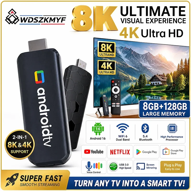 TV Stick Android 16 WiFi 6 4K 8K Ultra HD Decoder Bluetooth Smart Streaming TV Box with Voice Control Remote for Netflix YouTube