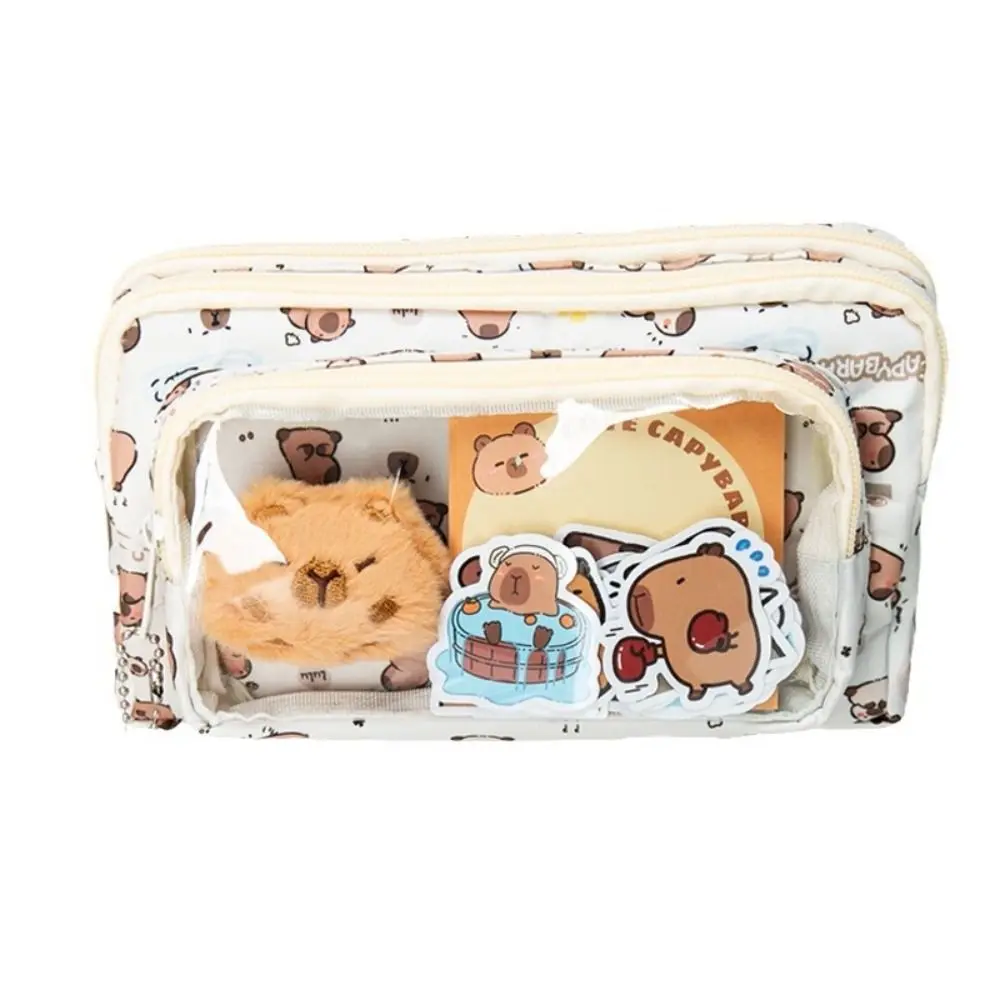 Creative Three-layer Capybara Pen Bag Dirt-proof Canvas Pencil Case Large Capacity Storage Bag Gift