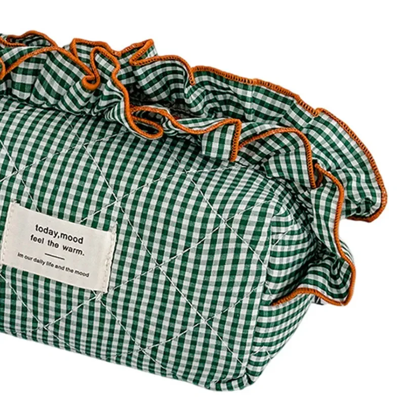 

Классическая косметичка в клетку с цветовыми блоками и рюшами по краям, простая, универсальная, вместительная сумка для хранения косметики для женщин