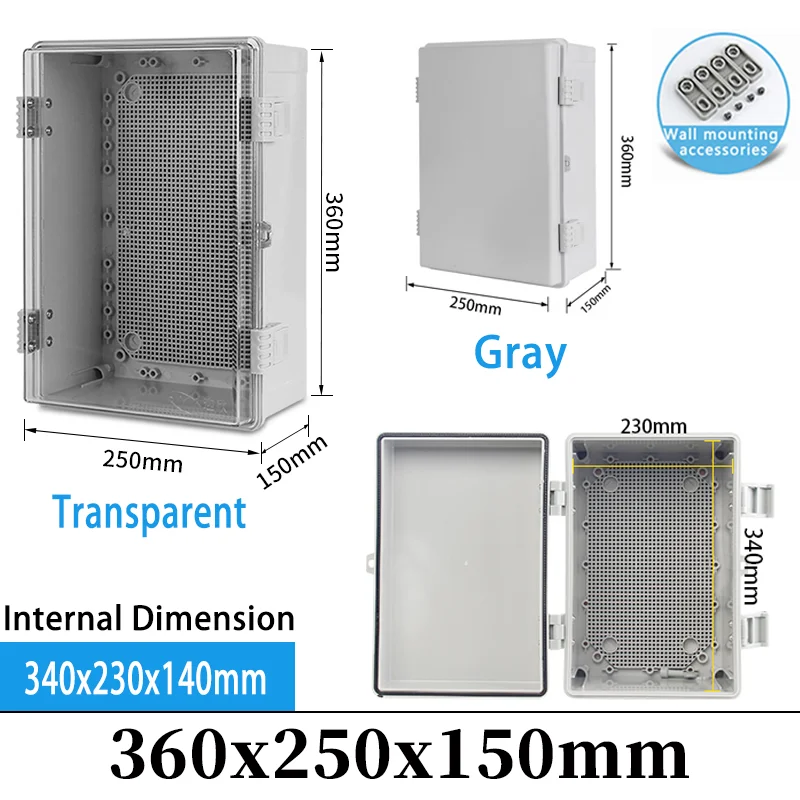 

IP66 Outdoor Waterproof Electronic Box Grey/Transparent Cover Distribution Case ABS Junction Box 360x250x150mm