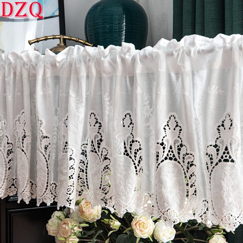 

Japanese Geometry Hollow Short Curtains Living Room Korea White Lace Tulle Half Curtains for Kitchen Coffee Short Curtain #A176