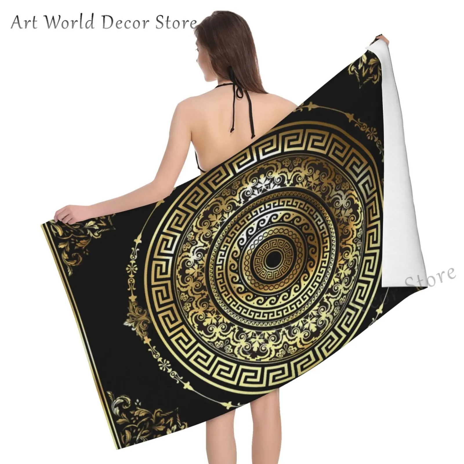 Luxury Black Gold Greek Key Bath Towel Microfiber Quick-Dry Beach Towel Large Towel 80x130cm for Women