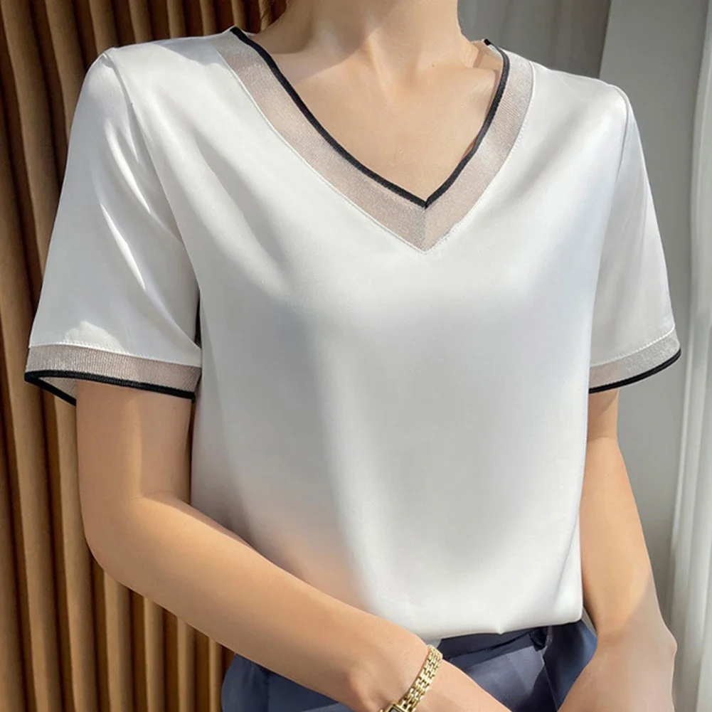 Women Tops Leisure Party Plain Satin Short Sleeve Silk Strech Summer Blouse T Shirt Elegant Tunic Tops Stylish