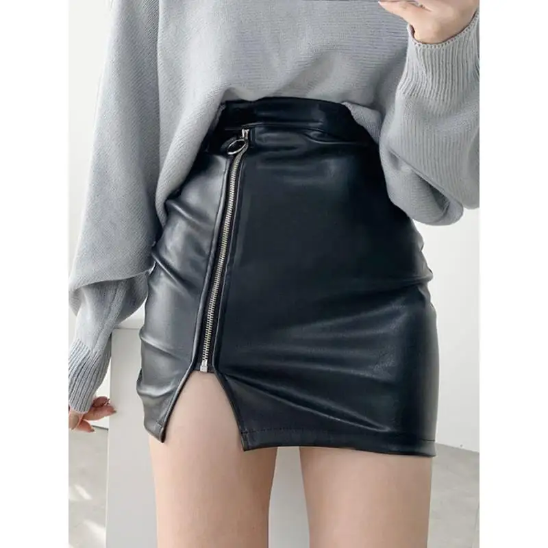 

Black Mini Zipper Short Skirts Sexy Skirt High Waist Package Hip Pencil Skirt Women Korean Fashion Pu Faux Leather Split