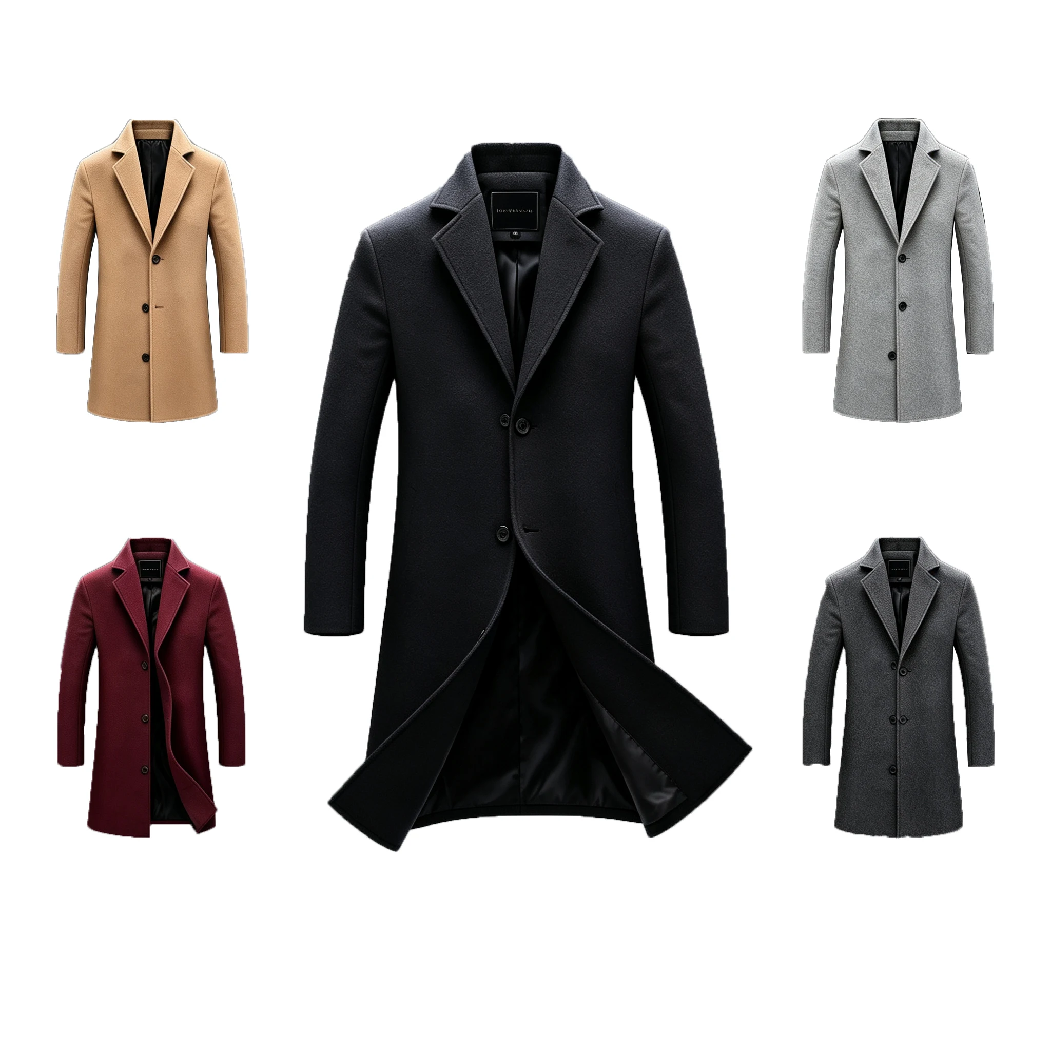 Men Autumn Winter Slim Fit Wool Blend Trench Coat Notched Lapel Mid Length Single Breasted Jacket Fashion Business Casual Coat