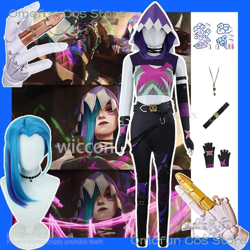 Anime Arcane s2 Cosplay Game LoL Jinx Costume Wigs Hat Uniform Cloak 3D Finger Props Set Halloween Christmas Girls Customized