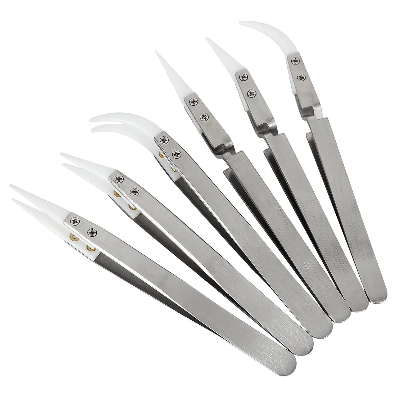 MSOR 6 Pcs Precision Ceramic Reverse Solder Tweezers, Non-Conductive, Anti-Magnetic Pointed and Curved Tips Tweezers Set