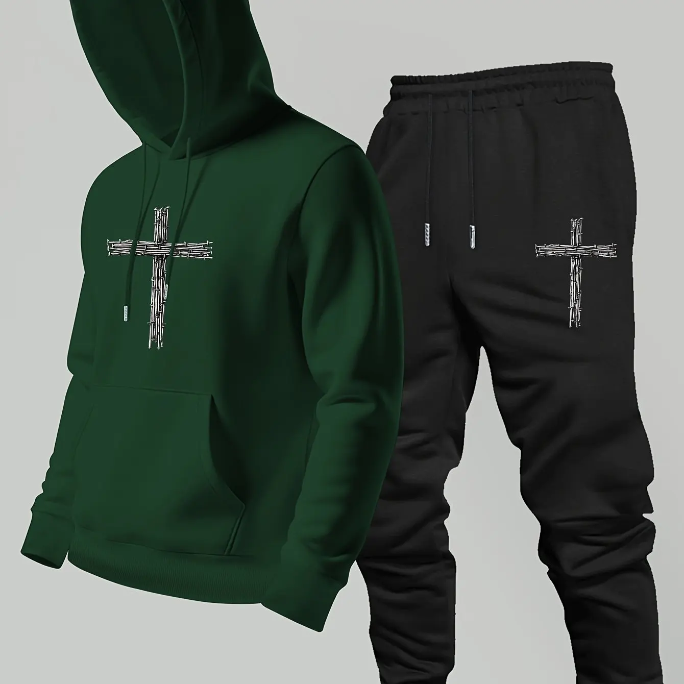 Hooded sweatshirt and long pants two-piece set with trendy printed cross logo. Men's casual sports outfit. Men's clothing set.