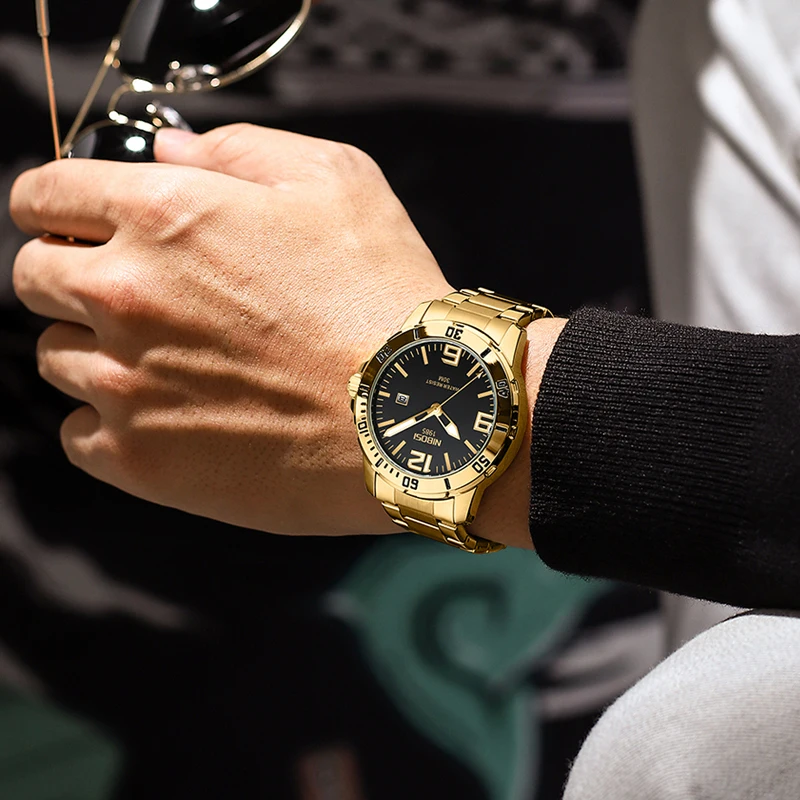 NIBOSI New Gold Quartz Watch for Men Sports Stainless Steel Waterproof Luminous Classic Mens Watches Top Brand Luxury Wristwatch