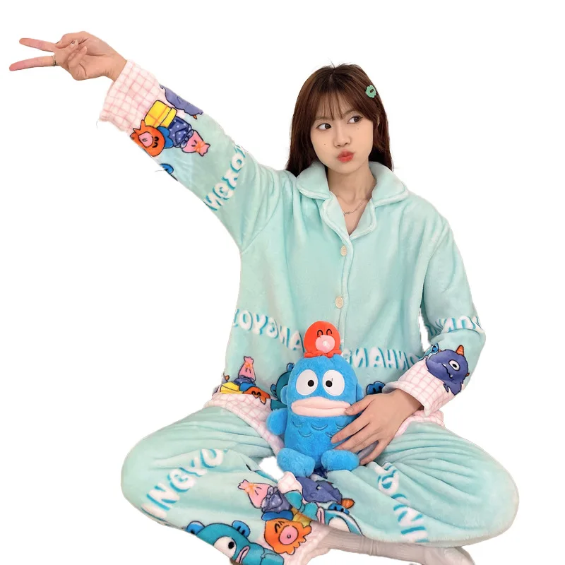 Miniso Girl Flannel Cardigan Flip Collar Keep Warm Pajama Set Kawaii Hangyodon Comic Student Thickening Go Out Leisure Wear Kit