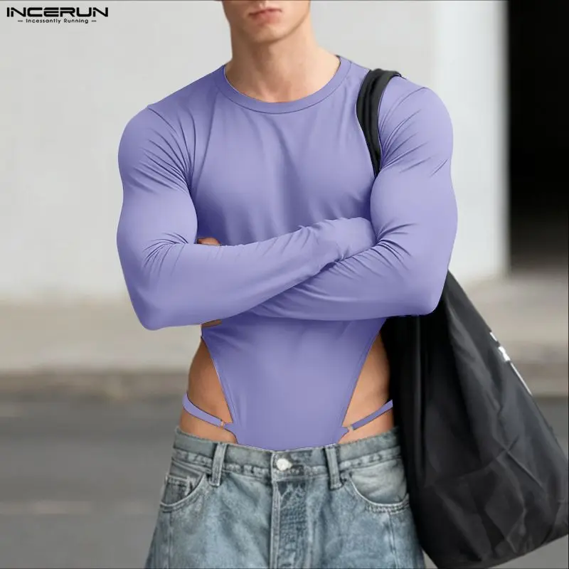 INCERUN Men Bodysuits Solid Color O-neck Long Sleeve Sexy Rompers Male Playsuits Streetwear Fashion Casual Bodysuit Men S-5XL