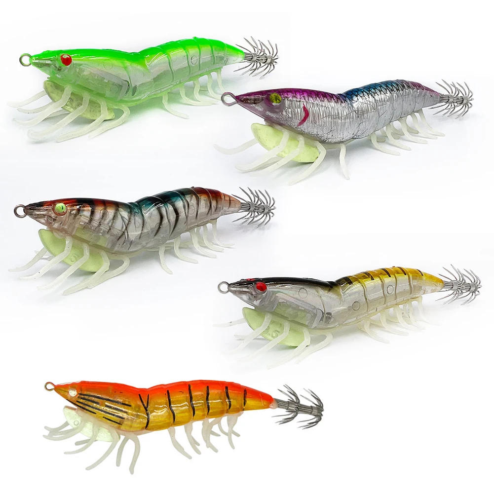 1 Pcs Luminous Wood Shrimp Realistic 3D Eyes Squid Hook With Sound Bead Soft Footed Shrimp Lure Sea Fishing Accessories