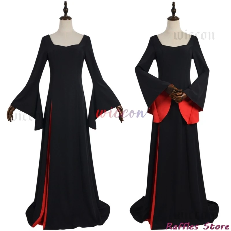 Morticia تأثيري حلي رداء أسود شعر مستعار مجموعة المرأة القوطية فستان ماكسي تنورة الكبار خمر حفلة تنكرية للهالوين