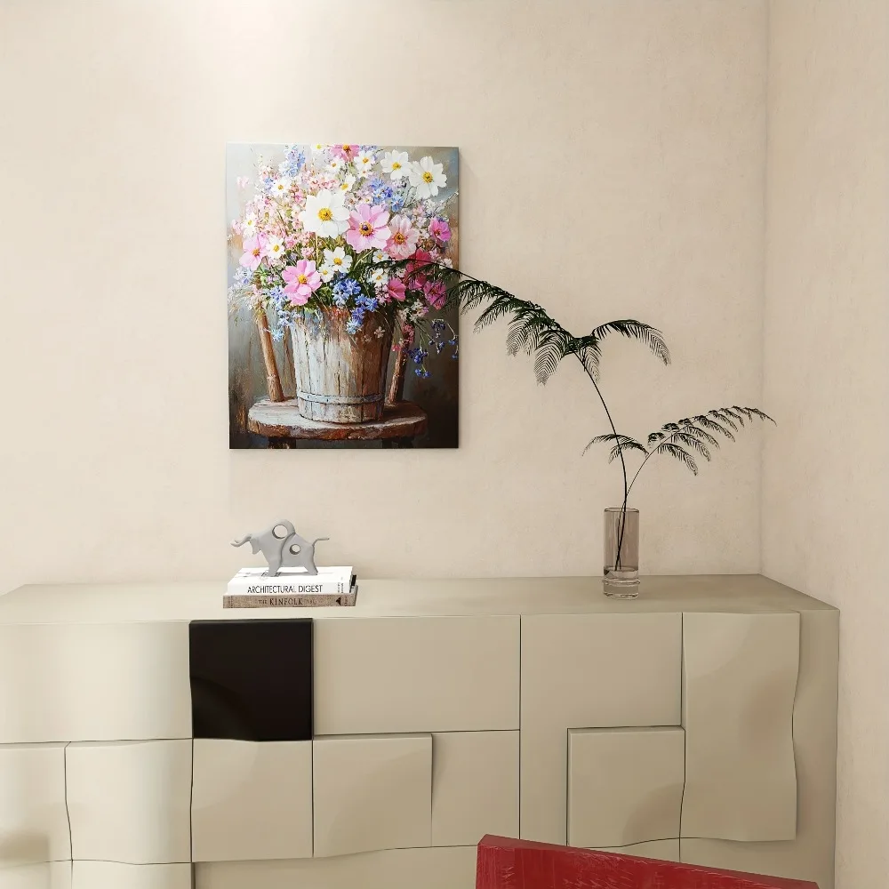 

Rustic farmhouse floral canvas wall art with bright bouquets in vases - 1.5 inch thick pine frame, perfect for interior decor