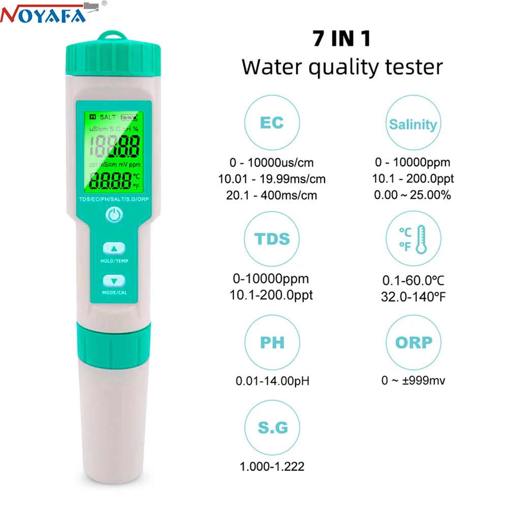 NOYAFA 7 in 1 PH/TDS/EC/ORP/Salinity /S.G/Temperature Meter Water Quality Tester for Drinking Water, Aquariums Farmland PH Meter