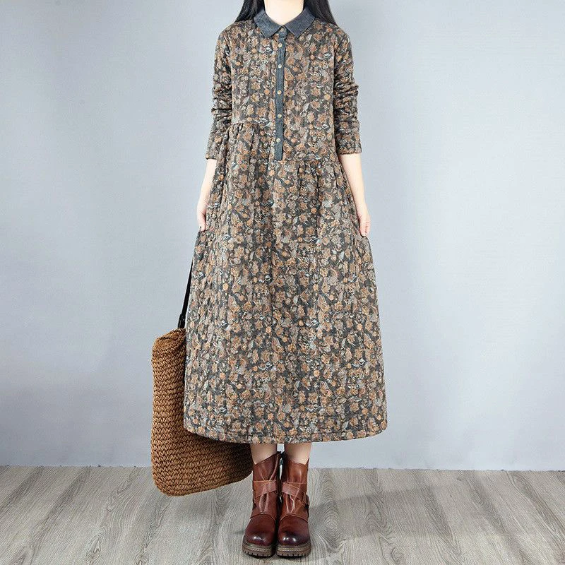 Autumn Winter Arts Style Women Long Sleeve Turn-down Collar Loose Dresses Vintage Print Thicken Cotton Warm Long Dress C538