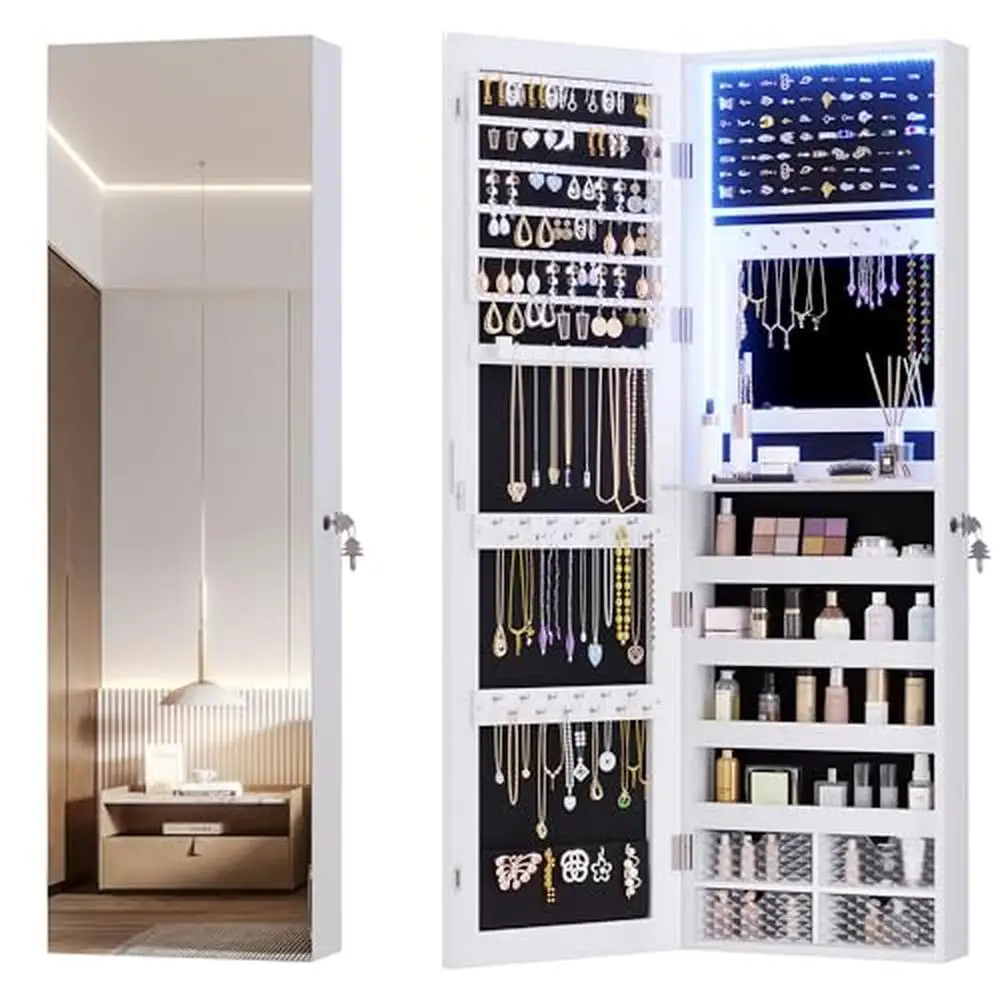 LED Jewelry Mirror Cabinet Wall/Door Mounted Armoire Organizer with Full Length Mirror Large Storage Capacity & Lockable System