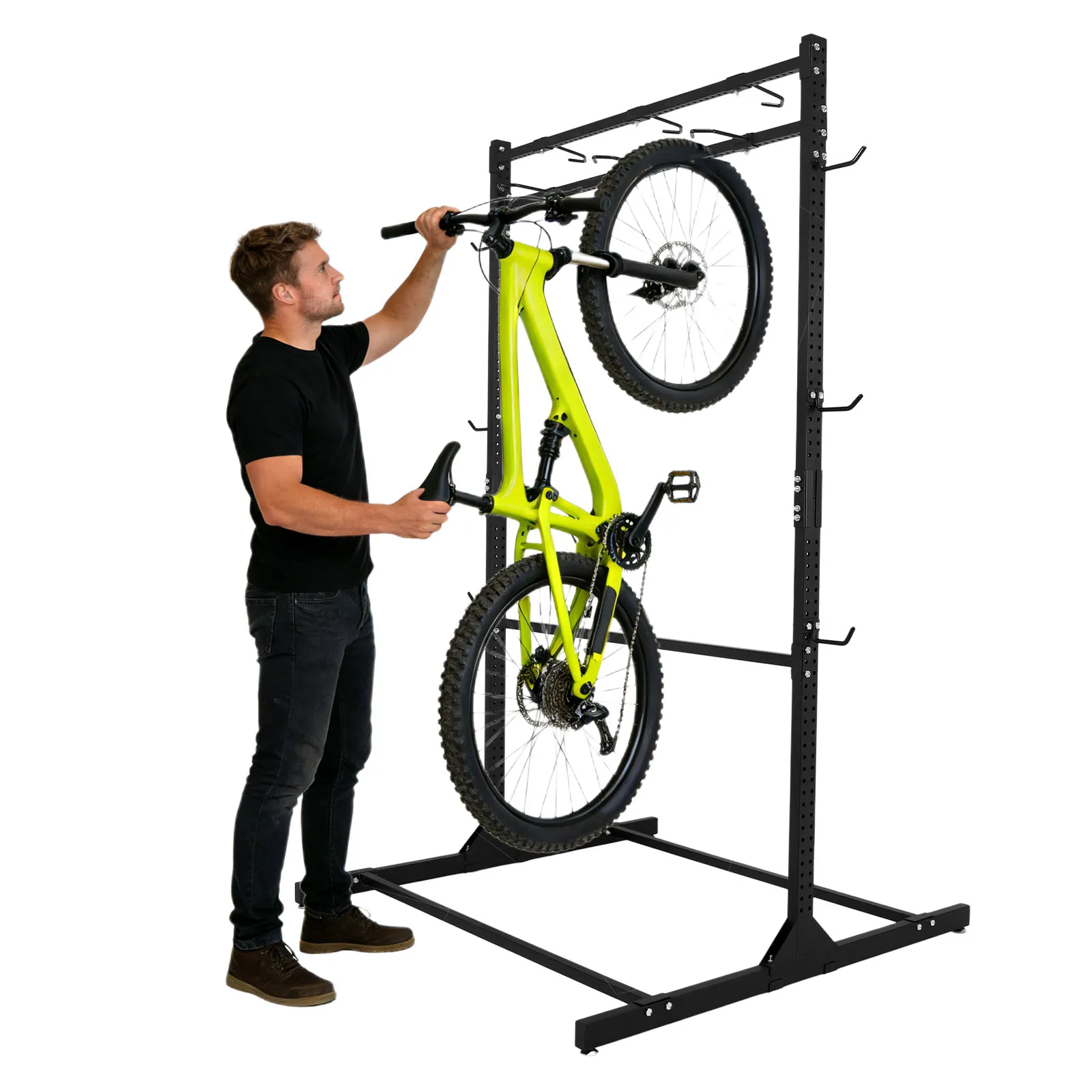 

Heavy Duty Bikes Floor Stand with Adjustable Hooks Space-Saving Bike Stands Holds Up To 6 Bikes & 6 Helmets for Home And Garage