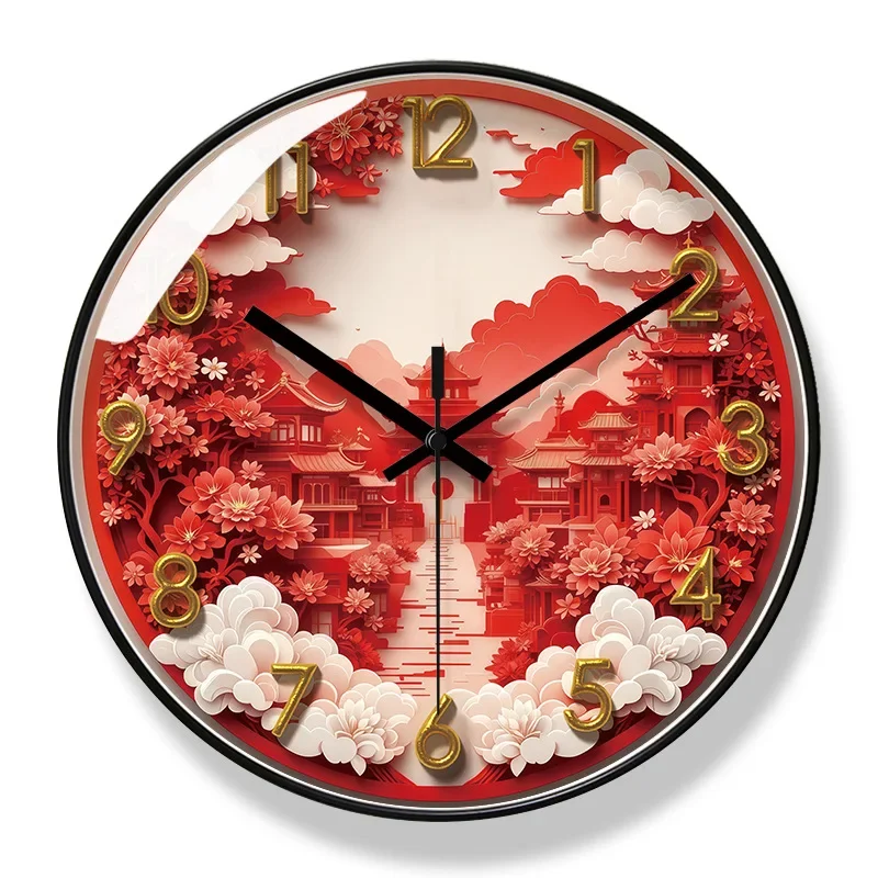 2026 New 10/12/14-inch Red Fire Ancient Building Wall Clock Fashion Retro Creative Home Living Room Mute Quartz Clock Watch