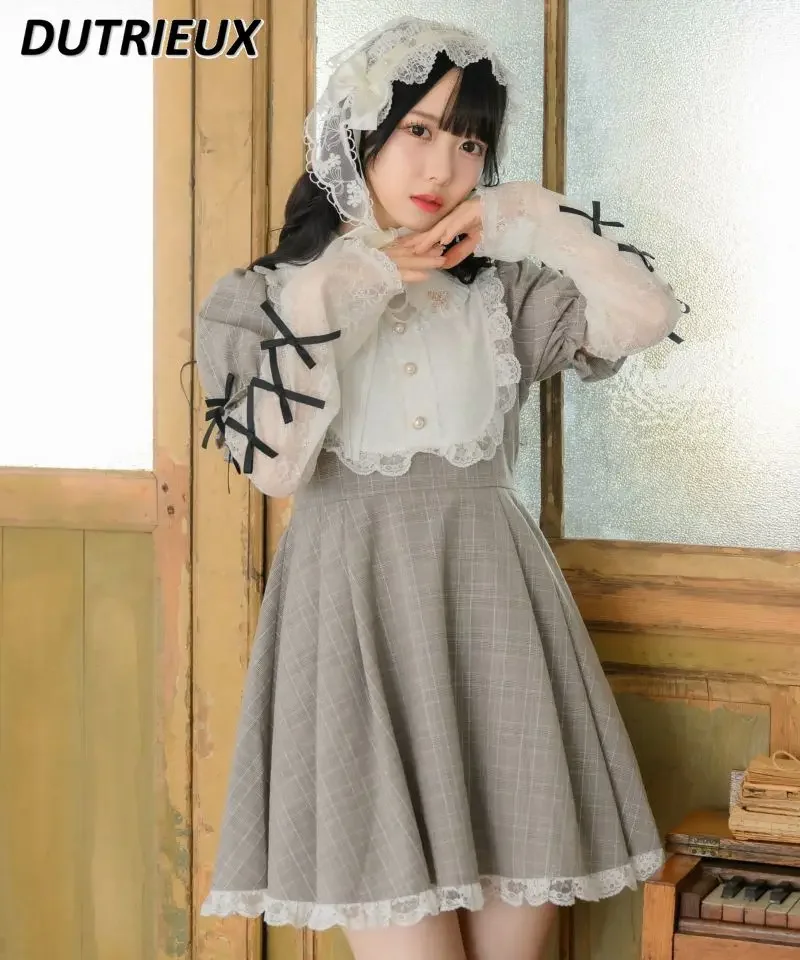 

Rojita Kawaii Autumn New Bow Lace Long Sleeve Splicing Dress Mine Mass Production Sweet Cute Girls Slimming Plaid Dresses