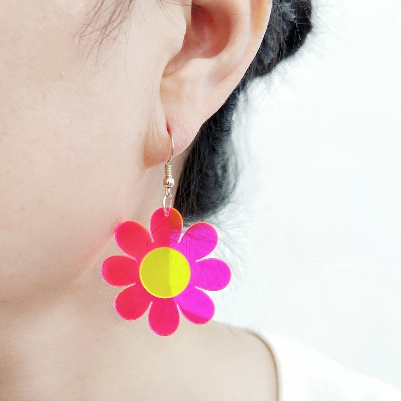 KUGUYS Acrylic Jewelry Cute Clear Neon Green Hot Pink Flower Drop Earrings for Grils Kids Women Fashion Accessories