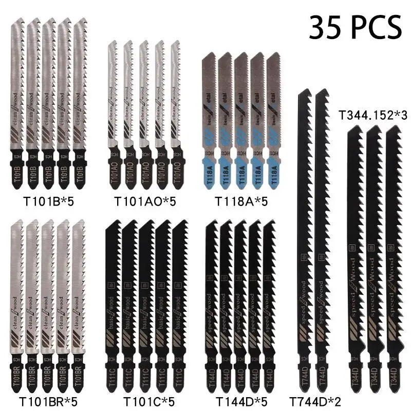

35pc Jig Saw Blades Straight Cutting Tools T-Shank Jig Saw Blade Metal Steel Wood Saw Blades Woodworking Tool Cutting Jig Saw