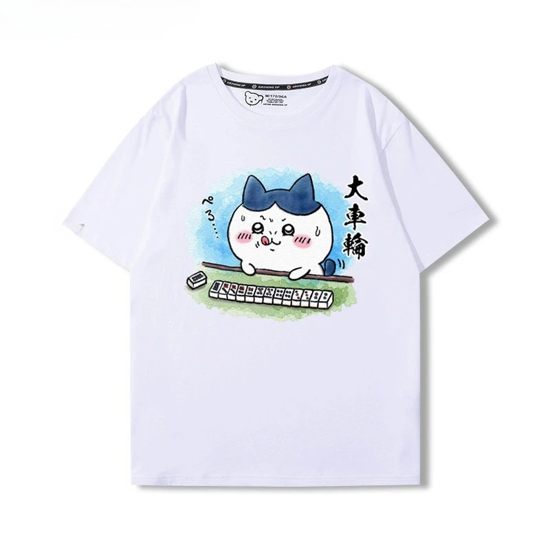 Chiikawa Hachiware Usagi Mahjong Print T-shirt Unisex Loose Cotton Short Sleeve Summer Kawaii Anime Couple Tee