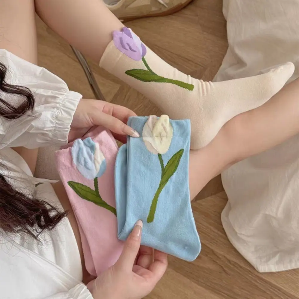 

5Pairs Cute Thin Tulip Flower Socks Breathable Sweet Mid Tube Socks Female Hosiery Socks for Women Lady