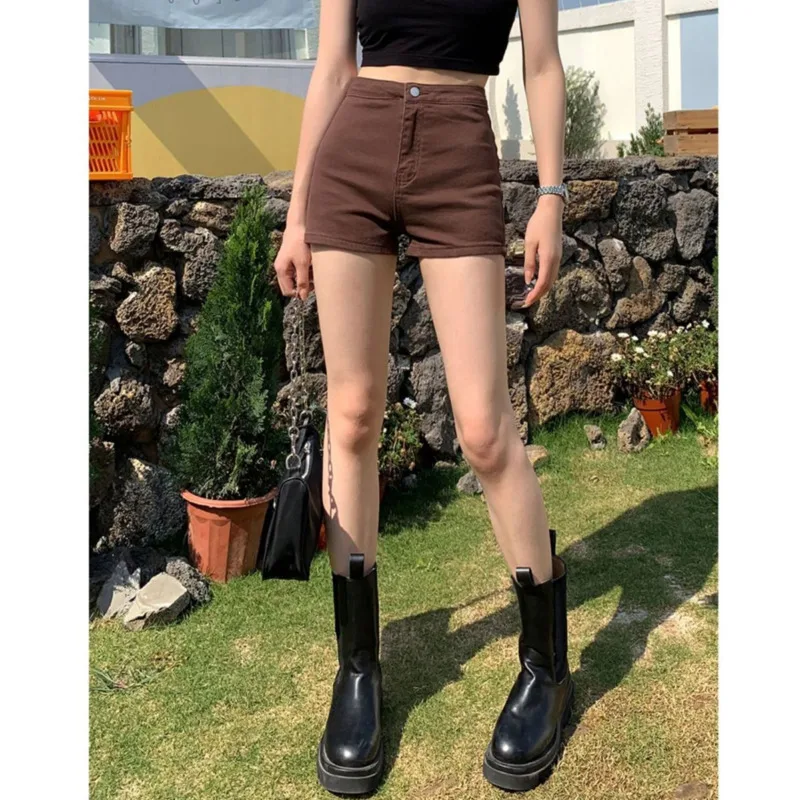 Casual Summer Brown Denim Shorts For Women High Waist Slim Short Pants Vintage Trendy Clothing