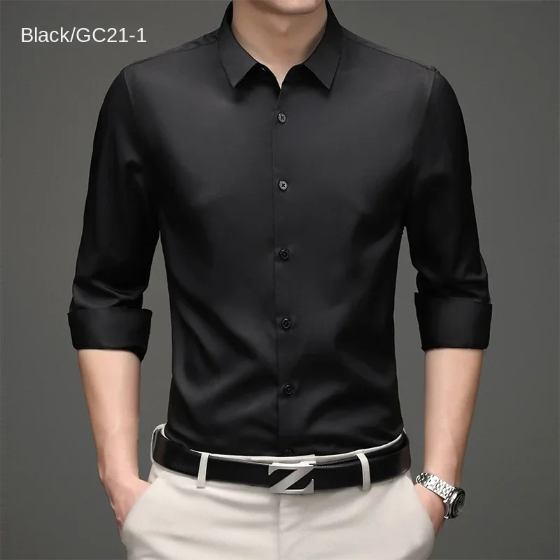 Micro-elastic men\'s silk satin blue shirt breathable business casual Korean slim professional long-sleeved white shirt.