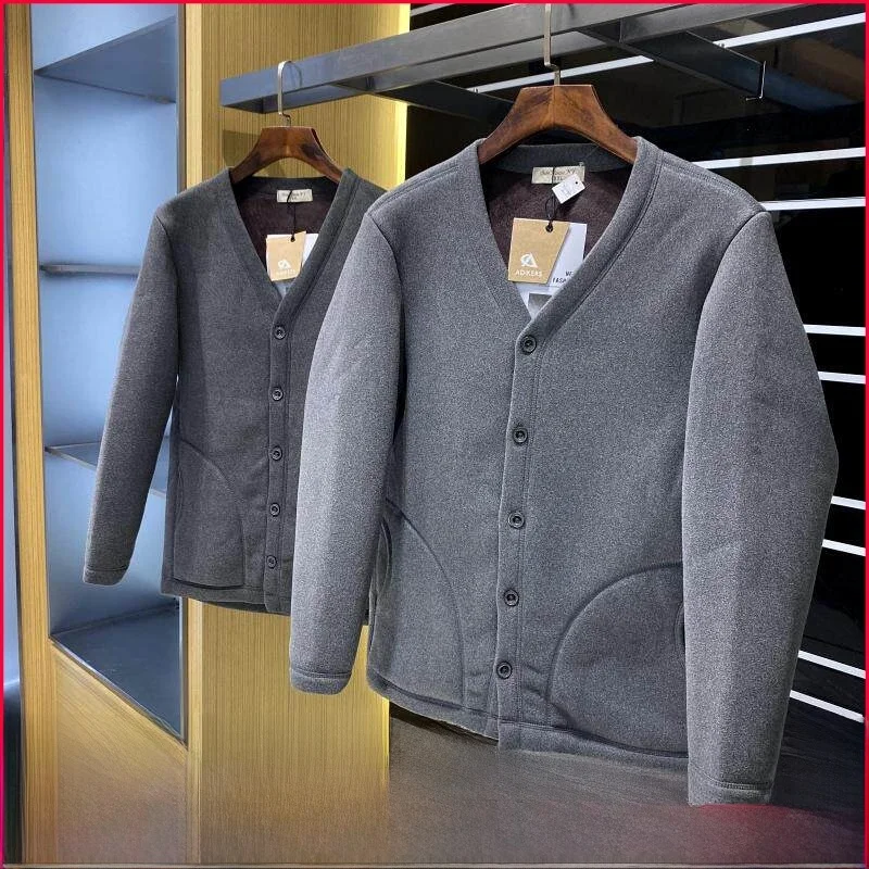 

Thiened Fce Warmth V-ne Men's Casual Jaet Cardigan Autumn Winter New Sle Youth ular Stand Fit Long Sve Coat