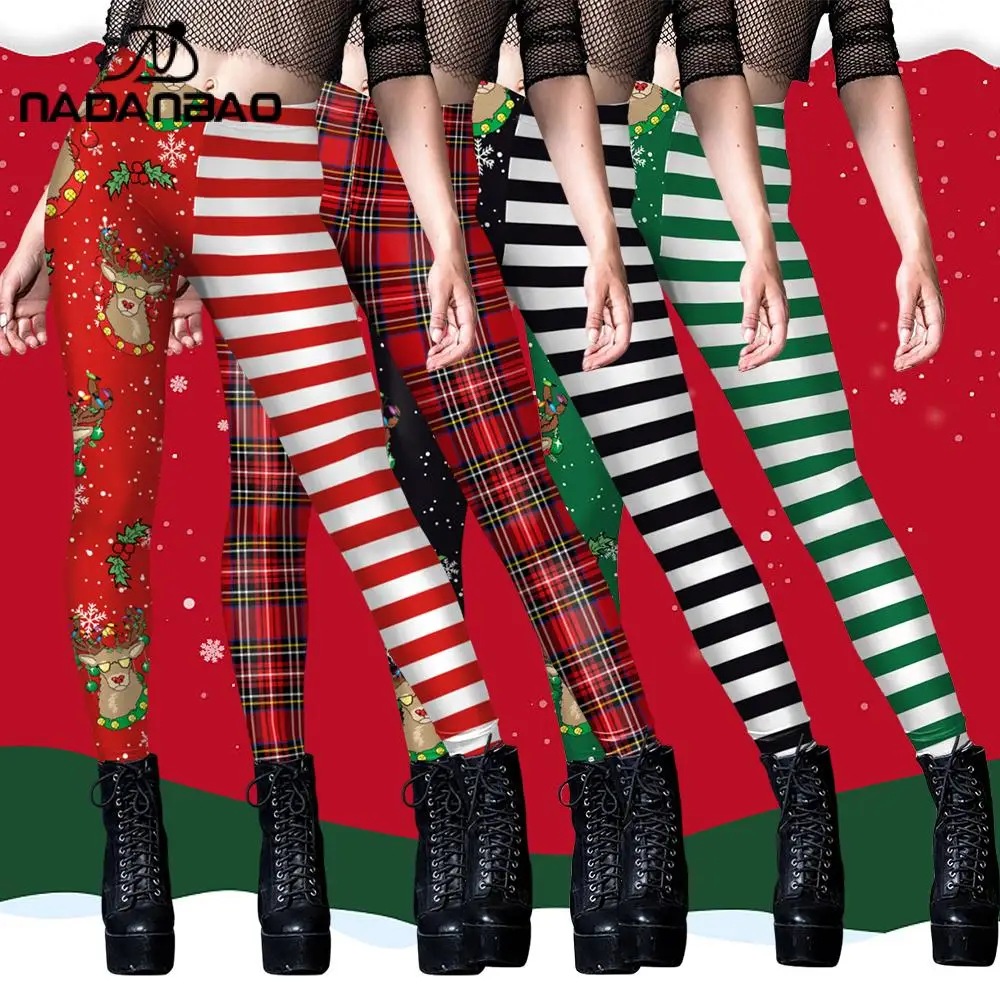 Nadanbao vermelho xadrez feminino leggings festa de natal collants preto verde vermelho listras elk impressão calças moda streetwear presentes de natal