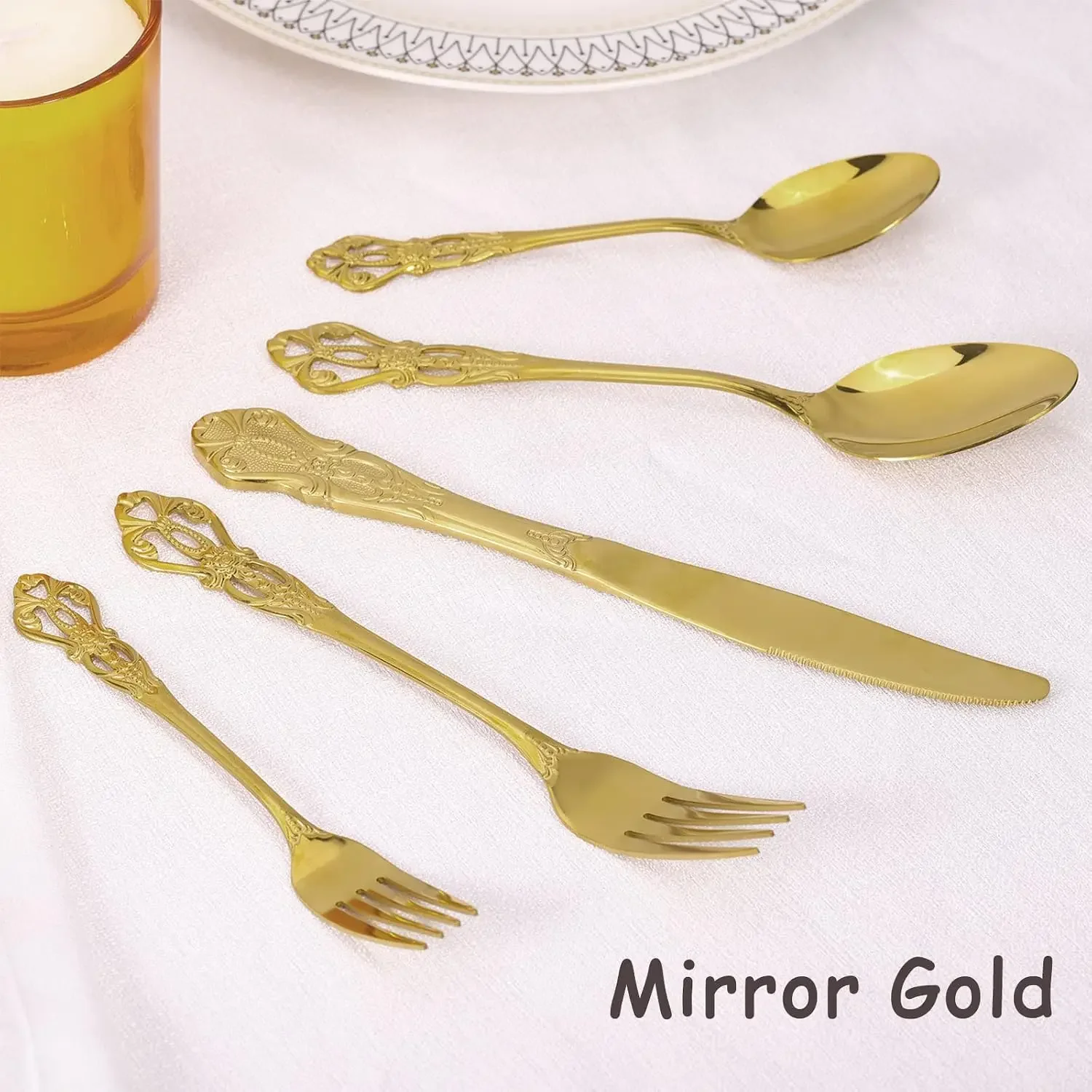 40-Piece Gold Silverware Set for 8, Stainless Steel Retro Flatware, Mirror Finish, Dishwasher Safe view 6