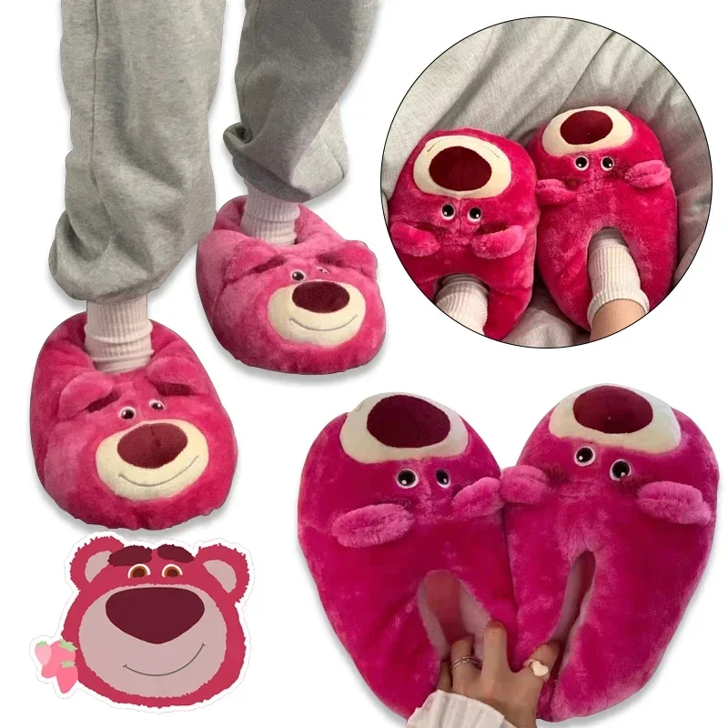 Disney Lotso Cotton Slippers Women Fluffy Winter Warm Slippers Fashion Cartoon Indoor Floor Non-slip Female Plush Home Slippers