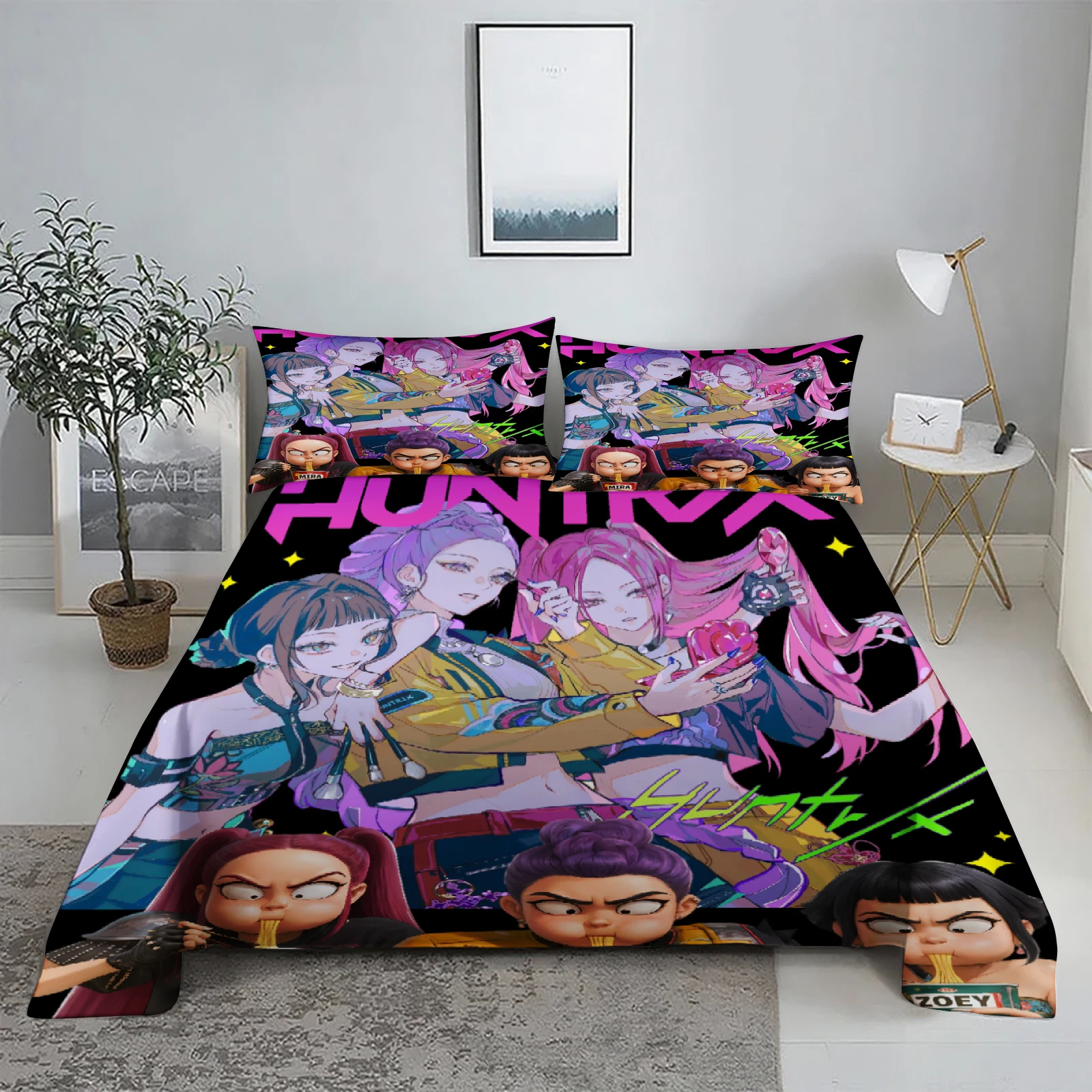 Huntrix، Rumi، Mira D-Demon Hunters K-pop طقم ملاءات سرير مطبوعة ثلاثية الأبعاد ملاءة مسطحة مع كيس وسادة أغطية سرير مقاس كينج كوين