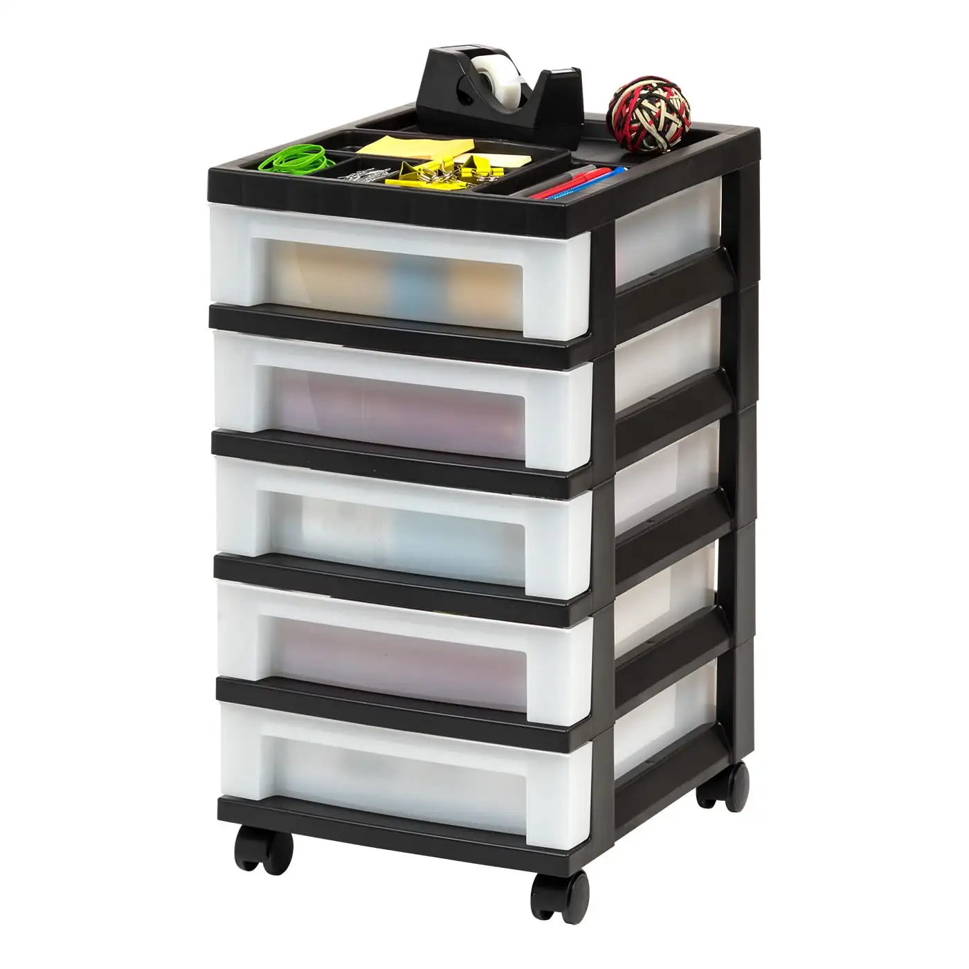 IRIS USA, 5-Drawer Narrow Plastic Storage Drawer Cart with Organizer Top, Black