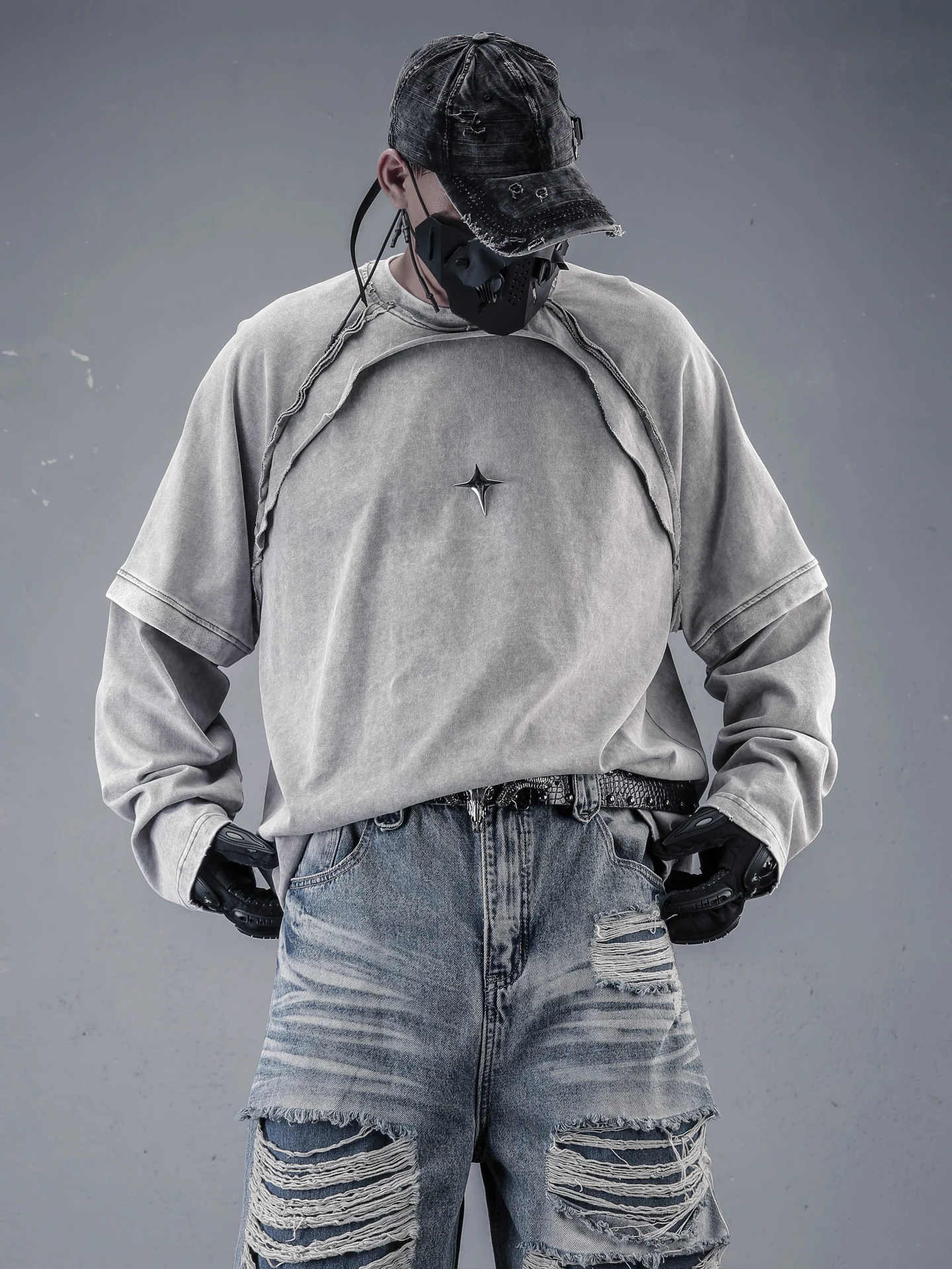 Washed Vintage American Style Long Sleeve T-Shirt Men's Loose Fit Streetwear Tear Destroy High Street Trend Casual Sweatshirt