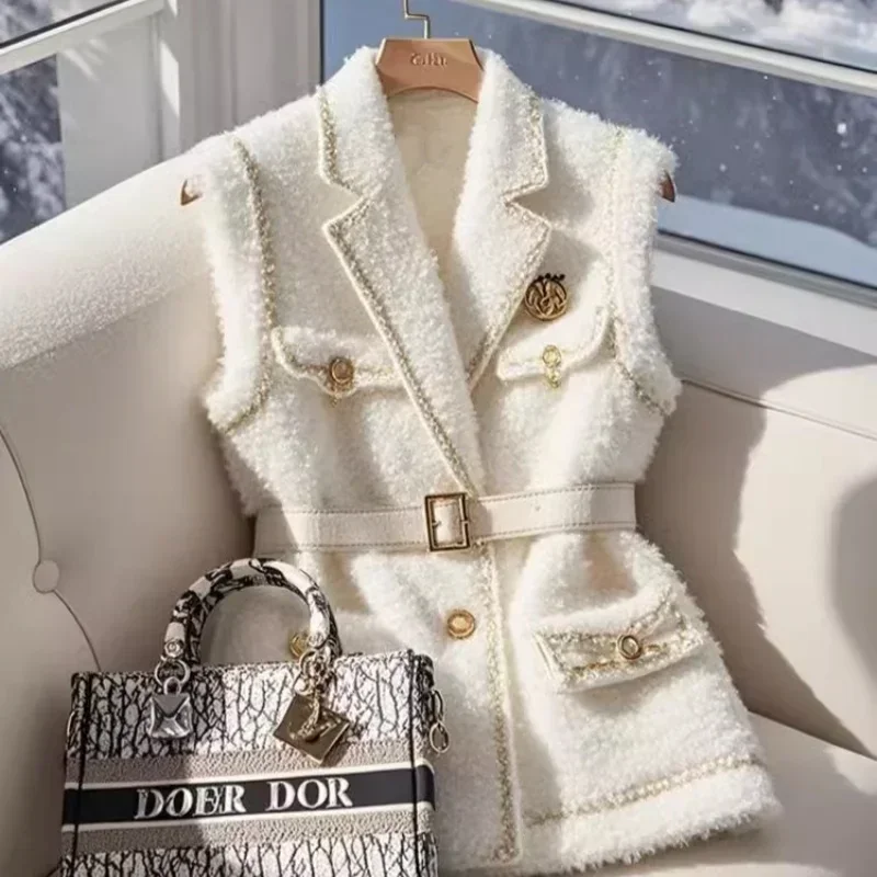 France Elegant Waist Belt White Lamb Wool Jacket Sleeveless Blazers Women Vest Formal Office Lady Korean Fashion Outerwear
