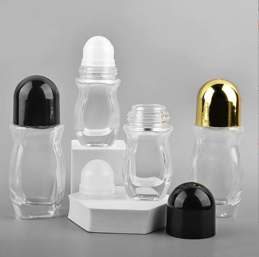 50ML clear glass bottle roll ball gold/black lid eye gel perfume essential massage oil deodorant fragrant skin care packing